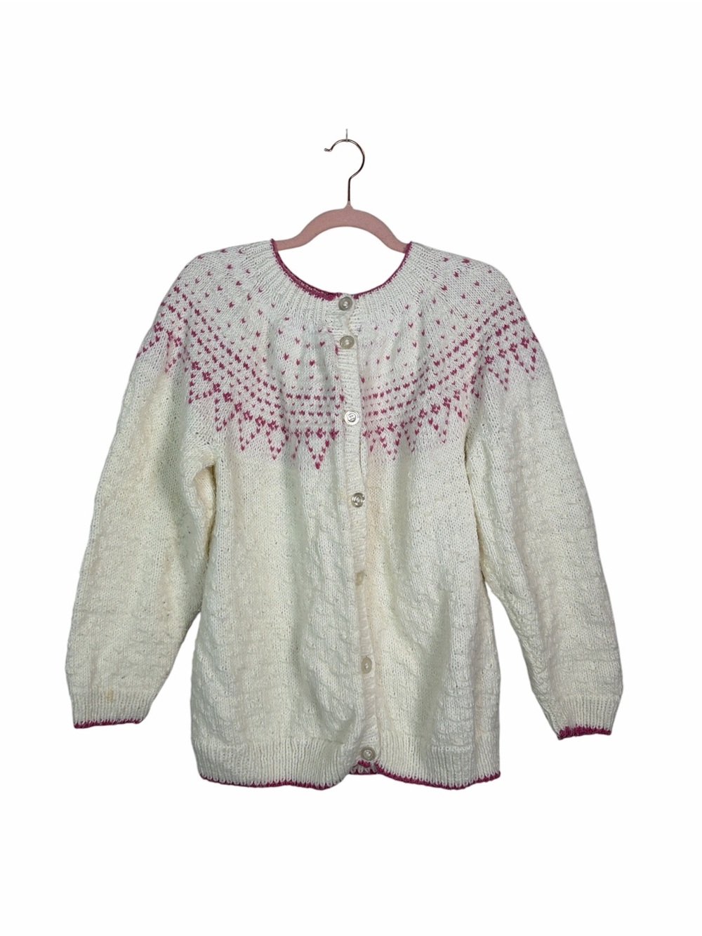 Cream Pink Fair Isle Cable Knit Button Front Cardigan Sweater Women’s M